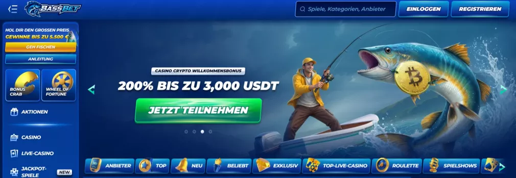 Bassbet Casino – 100% bis zu 500 € Bonus + 200 Freispiele zum Start